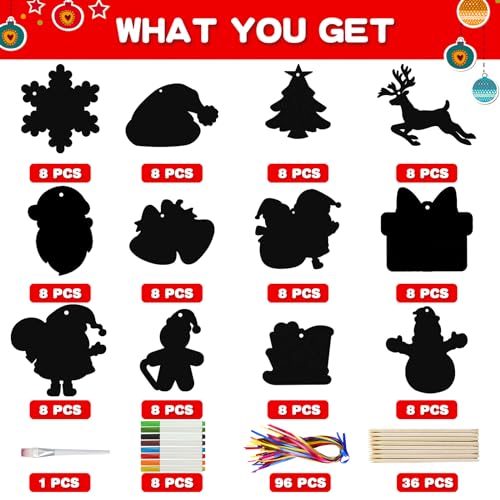Max Fun Christmas Crafts Scratch Art for Kids 96PCS Ornaments Rainbow Magic Color Scratch Off Cards Paper Hanging Art Craft Supplies Educational Toys Kit for Kid Party Favor - Image 5