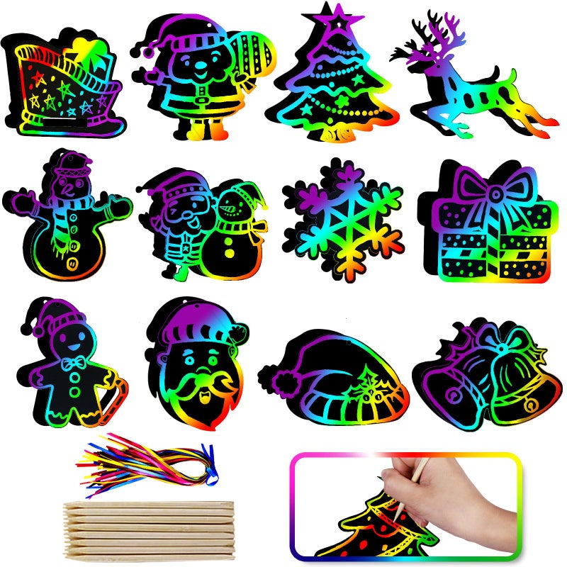 Max Fun Christmas Crafts Scratch Art for Kids 96PCS Ornaments Rainbow Magic Color Scratch Off Cards Paper Hanging Art Craft Supplies Educational Toys Kit for Kid Party Favor - Image 3