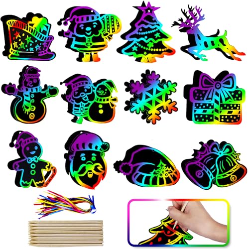 Max Fun Christmas Crafts Scratch Art for Kids 96PCS Ornaments Rainbow Magic Color Scratch Off Cards Paper Hanging Art Craft Supplies Educational Toys Kit for Kid Party Favor - Image 1