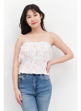 Women Tie Neck Sleeveless Textured Top, White Combo