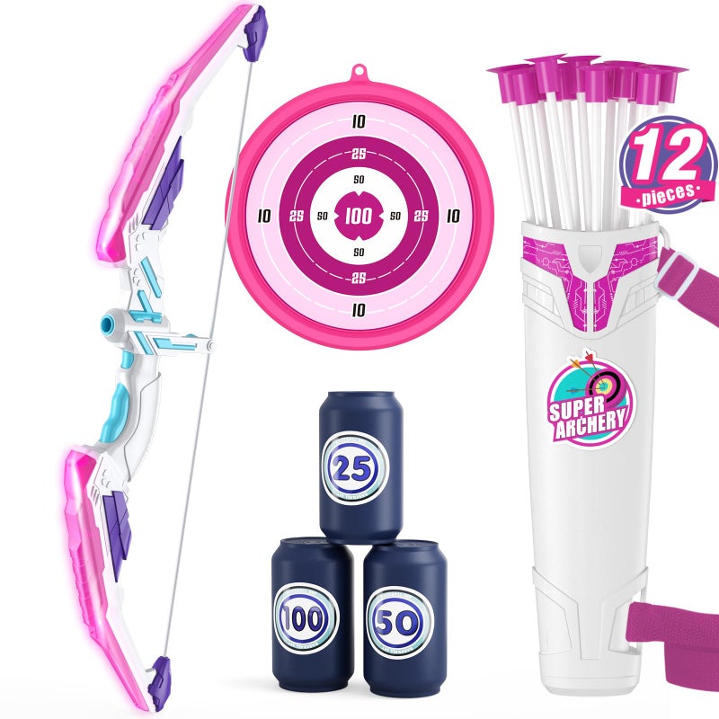 HYES Bow and Arrow for Kids LED Light Up Archery Set with 12 Suction Cup Arrows 1 Hanging Target 3 Score Targets  1 Quiver Indoor Outdoor Sport for Boys Girls Ages 412 Purple - Image 2