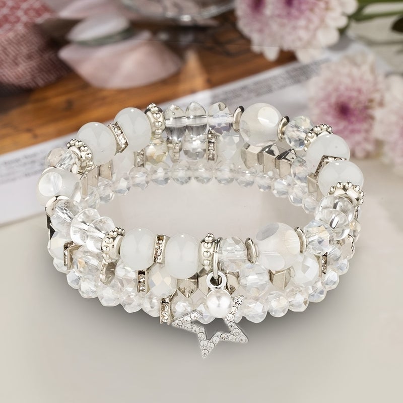 3-Pack Transparent White Crystal Bead Bracelet with Rhinestone Five-Pointed Star Charm - Image 5
