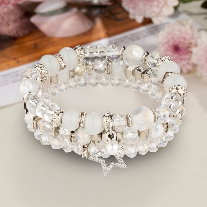 3-Pack Transparent White Crystal Bead Bracelet with Rhinestone Five-Pointed Star Charm - Image 1