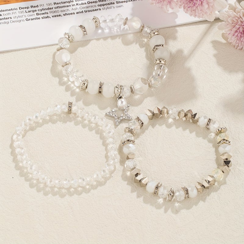 3-Pack Transparent White Crystal Bead Bracelet with Rhinestone Five-Pointed Star Charm - Image 2