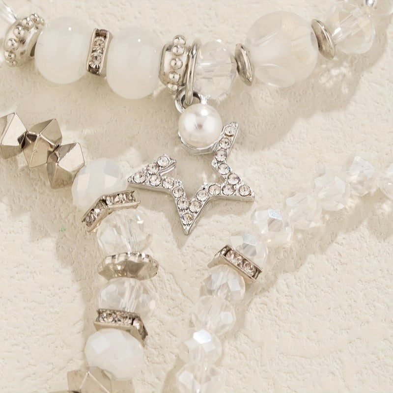 3-Pack Transparent White Crystal Bead Bracelet with Rhinestone Five-Pointed Star Charm - Image 3