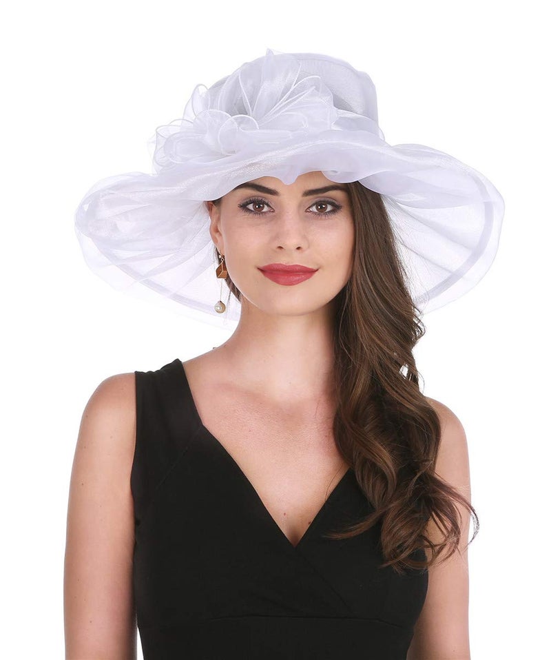 Saferin Womens Occasion Formal Kentucky Derby Wide Brim Hat Church Race Party Wedding White with Bowknot Free size - Image 2