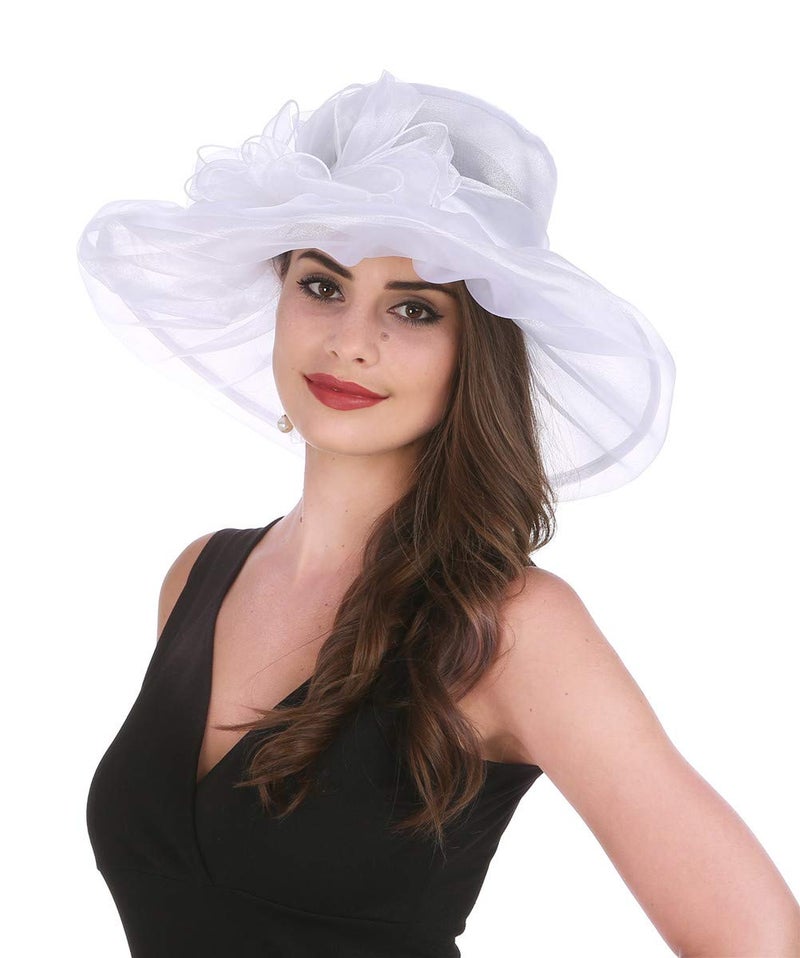 Saferin Womens Occasion Formal Kentucky Derby Wide Brim Hat Church Race Party Wedding White with Bowknot Free size - Image 4