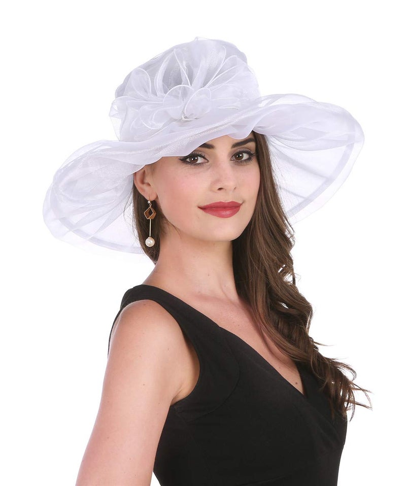 Saferin Womens Occasion Formal Kentucky Derby Wide Brim Hat Church Race Party Wedding White with Bowknot Free size - Image 1