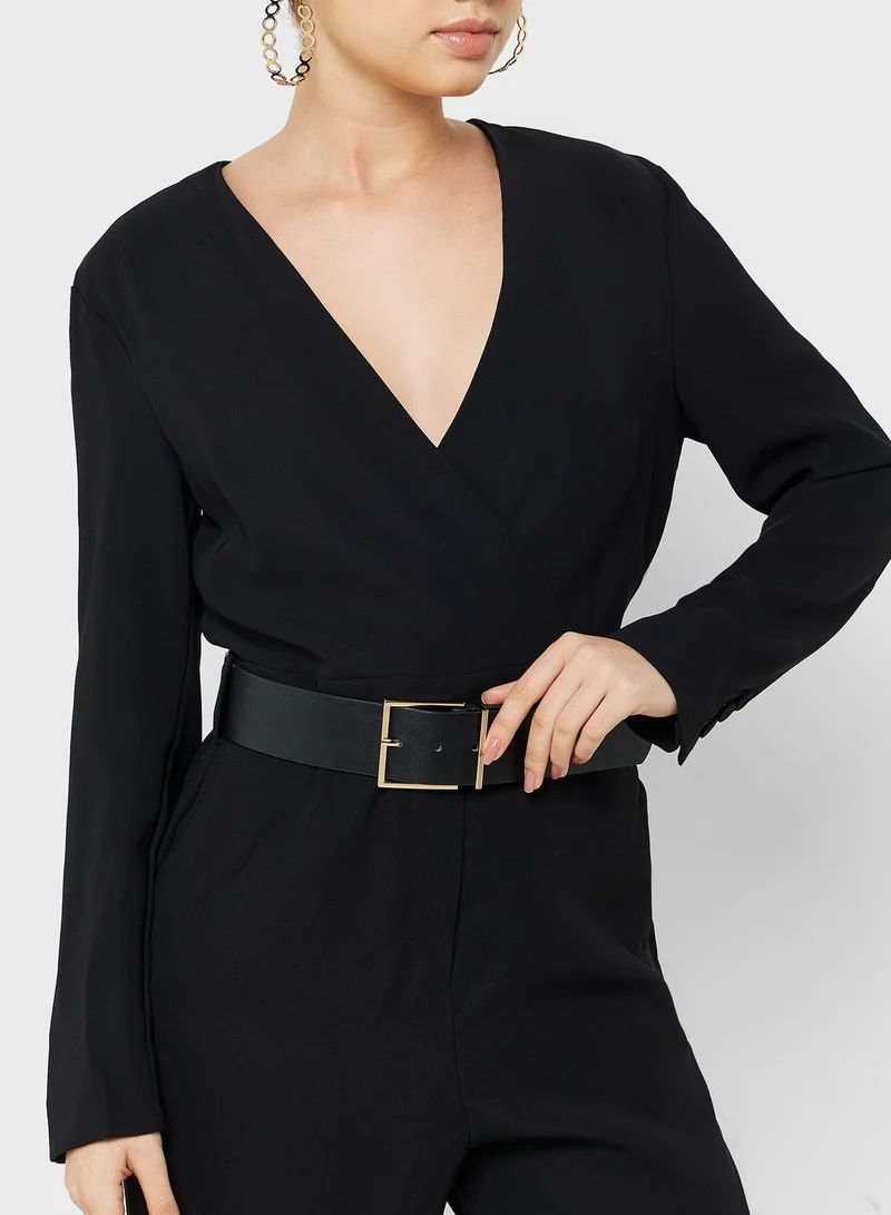 MANGO Belted V-Neck Jumpsuit