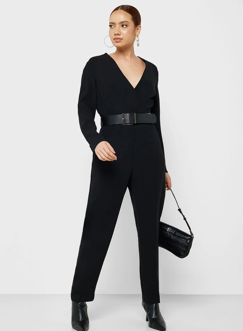 MANGO Belted V-Neck Jumpsuit