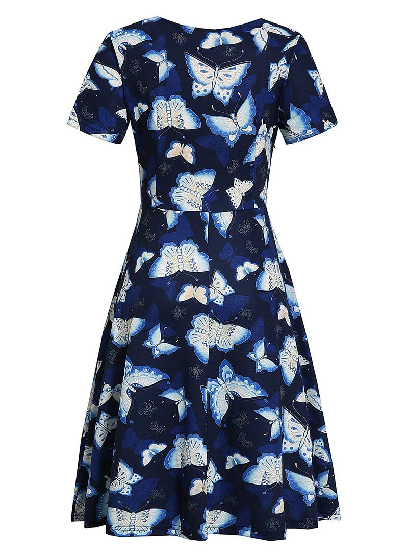 HELYO Women's Elegant Criss-Cross V Neck Vintage Short Sleeve Work Casual Party Swing Tea Dress with Pockets 980 (M, Navy Floral) - Image 4