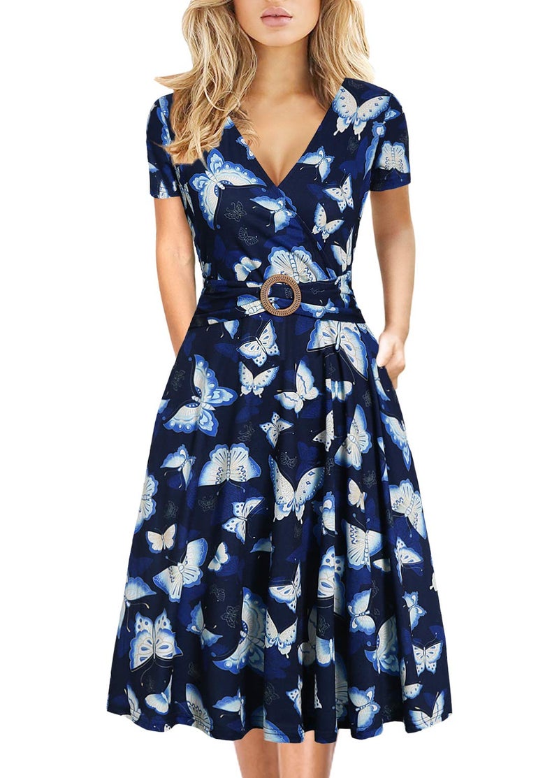 HELYO Women's Elegant Criss-Cross V Neck Vintage Short Sleeve Work Casual Party Swing Tea Dress with Pockets 980 (M, Navy Floral) - Image 1