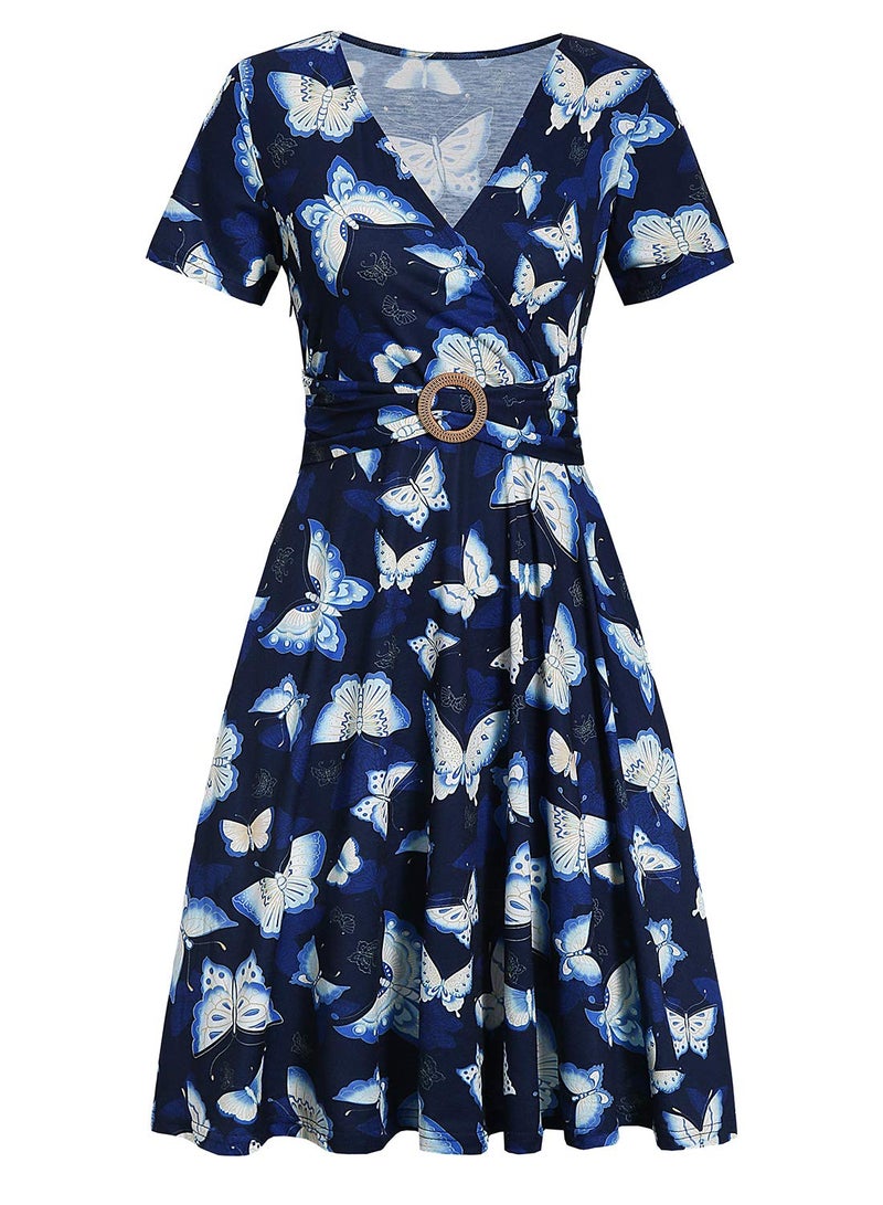 HELYO Women's Elegant Criss-Cross V Neck Vintage Short Sleeve Work Casual Party Swing Tea Dress with Pockets 980 (M, Navy Floral) - Image 3