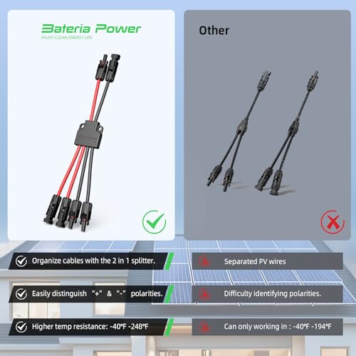 Bateria Power Solar Connectors for 2 Solar Panels, IP68 Waterproof Solar Panel Connectors Splitter, 4 to 2 Y Branch Parallel Adapter for Solar Cable Extension - Image 2