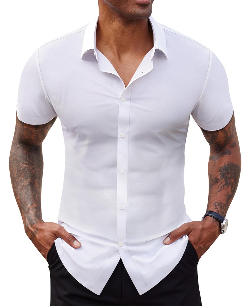 Lion Nardo Stretch Dress Shirts for Men Short Sleeve Slim Fit Casual Button Down Shirts Muscle Fit Men's Dress Shirts - Image 1