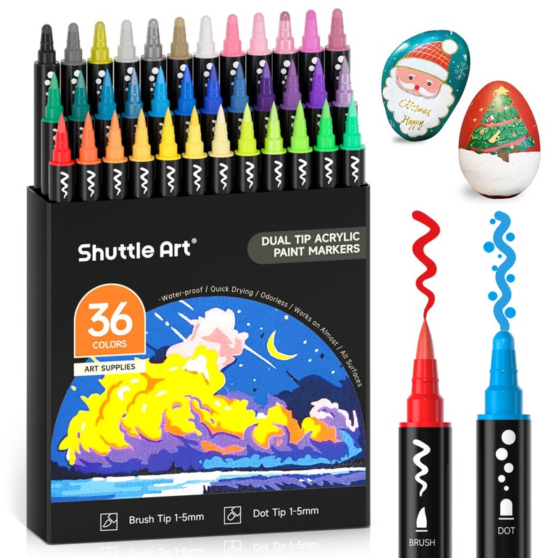 Shuttle Art 36 Colors Dual Tip Acrylic Paint Markers, Brush Tip and Dot Tip Acrylic Paint Pens for Rock Painting, Ceramic, Wood, Canvas, Plastic, Glass, Stone, Calligraphy, Card Making, DIY Crafts - Image 1
