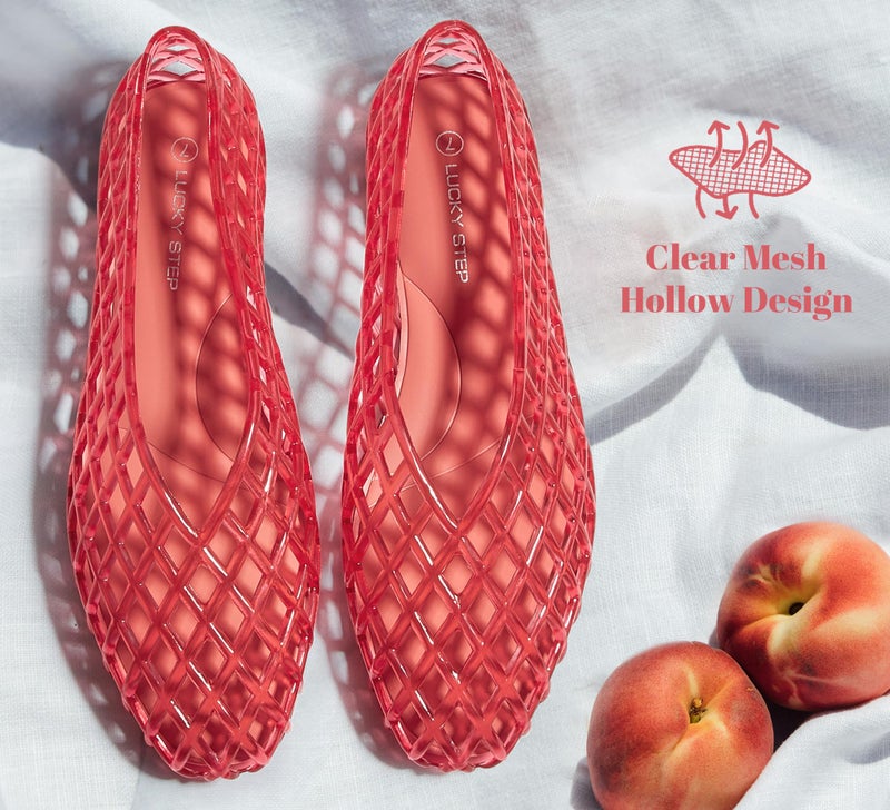 LUCKY STEP Women's Jelly Ballet Flats Mesh Casual Comfortable Jellies Shoes Clear Hollow Breathable Sandals(10 M US Red) - Image 4