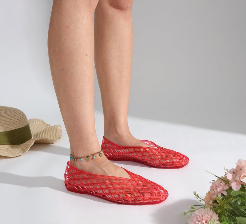 LUCKY STEP Women's Jelly Ballet Flats Mesh Casual Comfortable Jellies Shoes Clear Hollow Breathable Sandals(10 M US Red) - Image 3