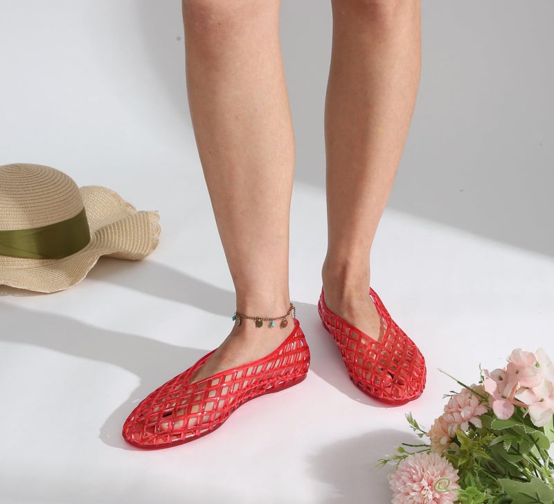 LUCKY STEP Women's Jelly Ballet Flats Mesh Casual Comfortable Jellies Shoes Clear Hollow Breathable Sandals(10 M US Red) - Image 2