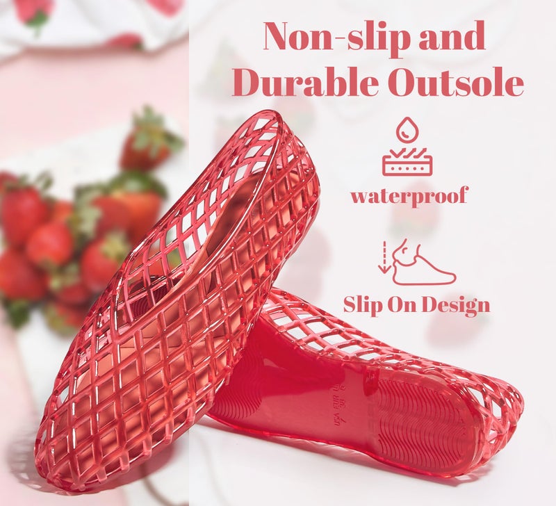 LUCKY STEP Women's Jelly Ballet Flats Mesh Casual Comfortable Jellies Shoes Clear Hollow Breathable Sandals(10 M US Red) - Image 5