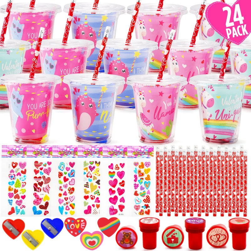 ORIENTAL CHERRY Valentines Day Gifts for Kids  24 Pack Valentines Day Stationery Gift with Cards Pencils Stickers Erasers Stampers Sharpener Cups Classroom Prize School Exchange Boys Girls Party Favors - Image 2