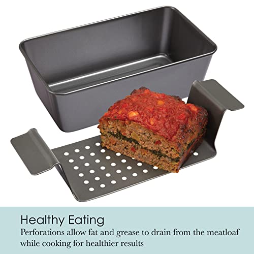 Chicago Metallic 2-Piece Healthy Meatloaf Pan with Draining Insert Professional Grade Non-Stick Carbon Steel Baking Pan with Lift and Serve Feature, 12.2 inch, Grey - Image 4