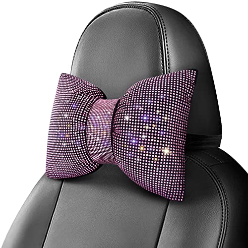 surpassme 2PCS Rhinestone Car Headrest Neck Pillow for Driving with Bling Bling Crystal Bow Pillow Car Accessories for Women Pink - Image 3