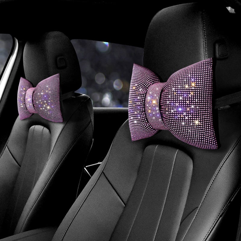 surpassme 2PCS Rhinestone Car Headrest Neck Pillow for Driving with Bling Bling Crystal Bow Pillow Car Accessories for Women Pink - Image 2