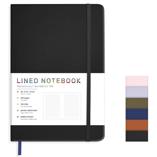 LACCHOUFEE Lined Journal Notebook for Women Men, 200 Pages A5 Hardcover Leather Journals for Writing,Travel,School,Office,Work,Business,College Ruled Notebooks for Note Taking, Diary Notepad 5.7"×8.3"(Black) - Image 1