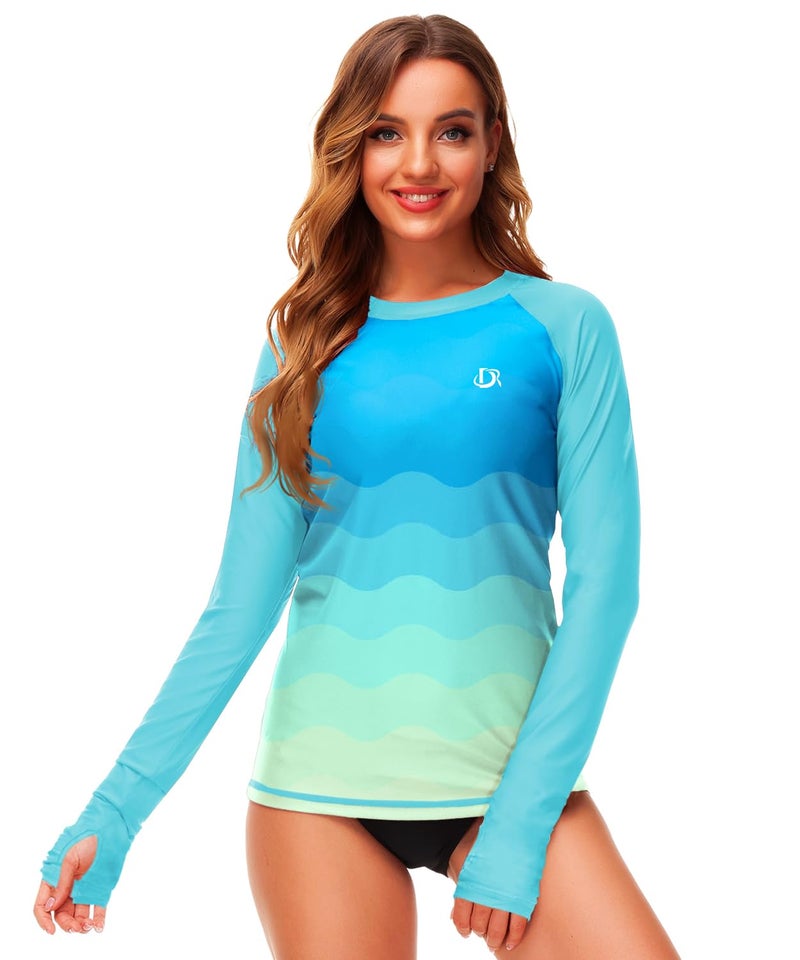Deerose Gradient Rash Guard for Women UPF 50+ Long Sleeve SPF Surf Swim Shirts Swimsuit Aqua Blue S - Image 3