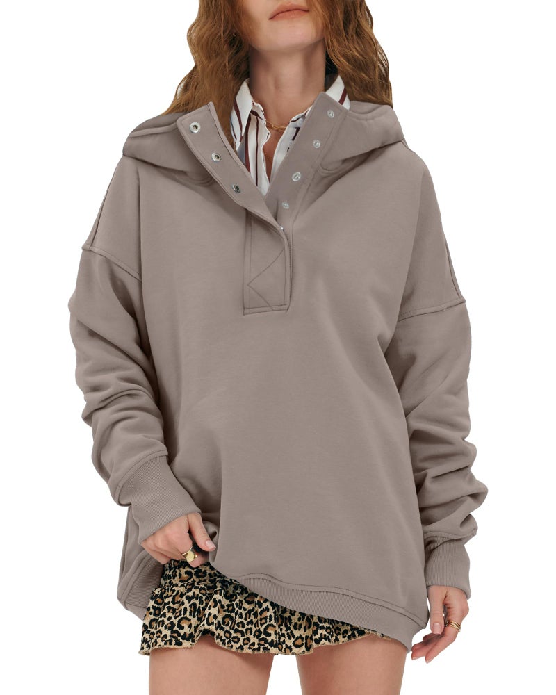 Locachy Womens Oversized Sweatshirt Hoodies Button Henley Neck Pullover Tops Fashion Outfits Clothes Coffee Grey M - Image 1