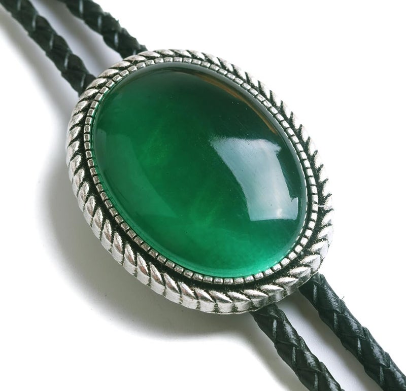 Moranse Bolo Tie With Emerald Blue And Black Stone Celtic Style Genuine and Cowhide Rope (Emerald) - Image 4