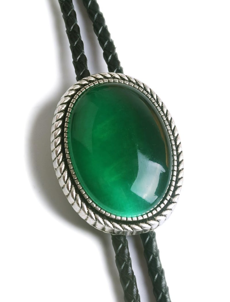 Moranse Bolo Tie With Emerald Blue And Black Stone Celtic Style Genuine and Cowhide Rope (Emerald) - Image 3