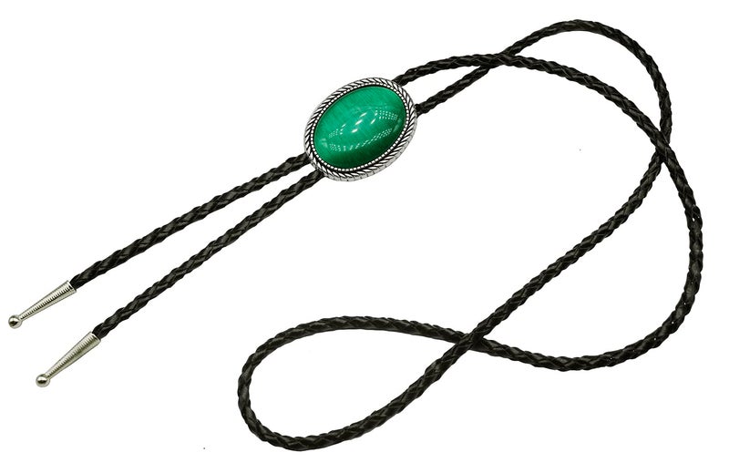 Moranse Bolo Tie With Emerald Blue And Black Stone Celtic Style Genuine and Cowhide Rope (Emerald) - Image 2