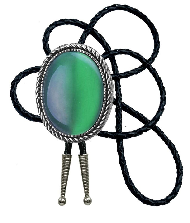 Moranse Bolo Tie With Emerald Blue And Black Stone Celtic Style Genuine and Cowhide Rope (Emerald) - Image 1