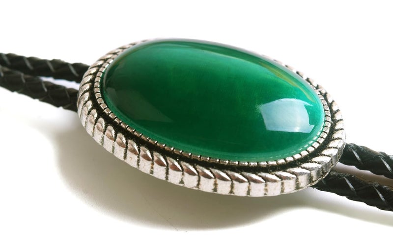 Moranse Bolo Tie With Emerald Blue And Black Stone Celtic Style Genuine and Cowhide Rope (Emerald) - Image 5