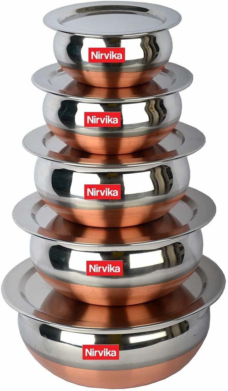 Nirvika Stainless Steel Handi Copper Bottom Handi Set with Lid cookware Serving Bowl Sauce & Milk Pan Tea & Coffee Pot tapeli patila (5 Pieces, 500ml, 800ml, 1000ml, 1200 ml, 1500 ml) - Image 1