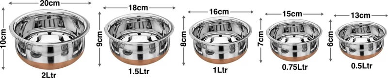 Nirvika Stainless Steel Handi Copper Bottom Handi Set with Lid cookware Serving Bowl Sauce & Milk Pan Tea & Coffee Pot tapeli patila (5 Pieces, 500ml, 800ml, 1000ml, 1200 ml, 1500 ml) - Image 2