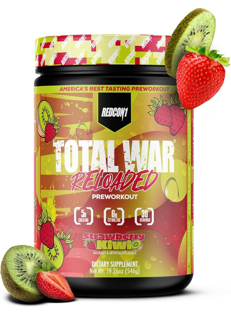 REDCON1 Total War Reloaded Pre Workout Powder, Strawberry Kiwi - Creatine, Beta Alanine + L-Citrulline Malate Keto Friendly for Men & Women with 350mg of Caffeine - Fast Acting (30 Servings) - Image 1