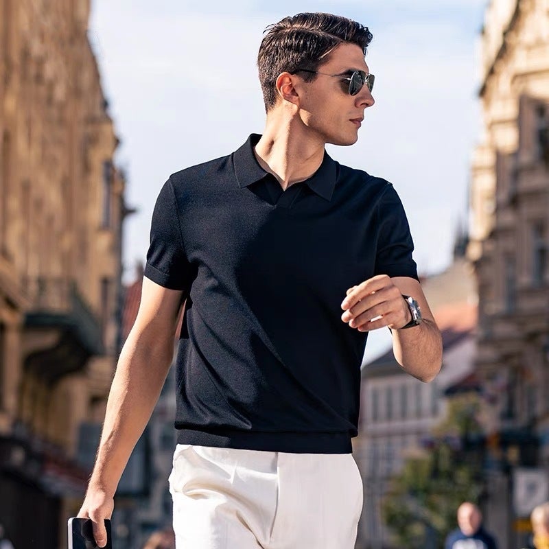Men's Knitted Short Sleeve Polo Shirt with Cooling Feel Notch Collar - Image 3