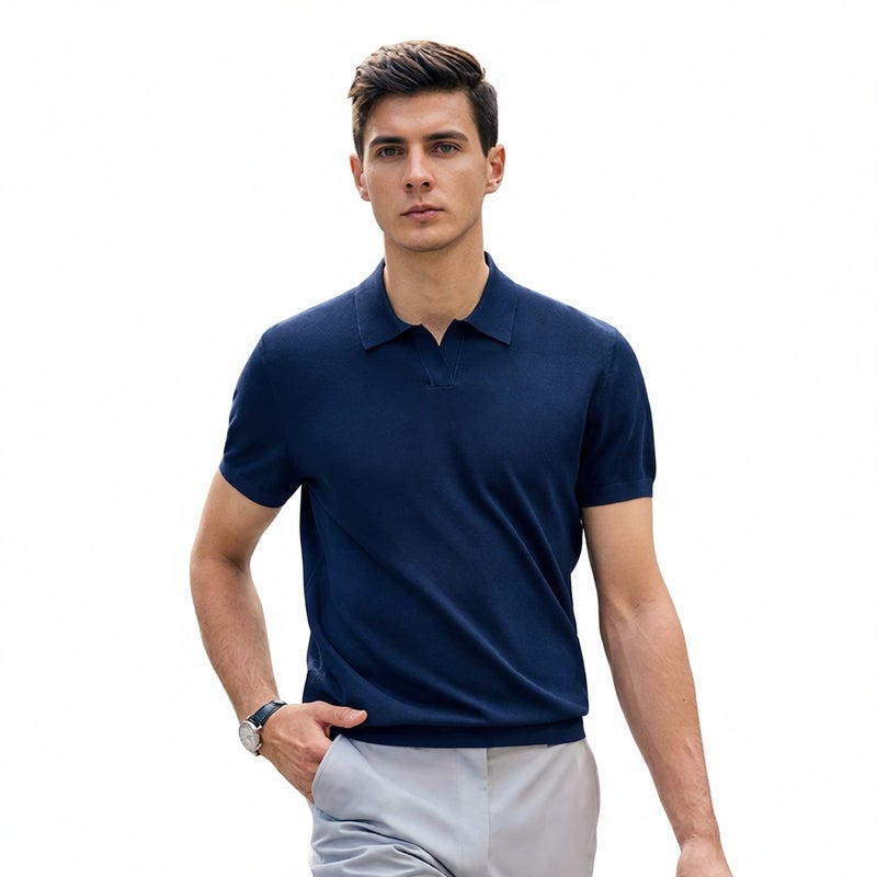 Men's Knitted Short Sleeve Polo Shirt with Cooling Feel Notch Collar - Image 1