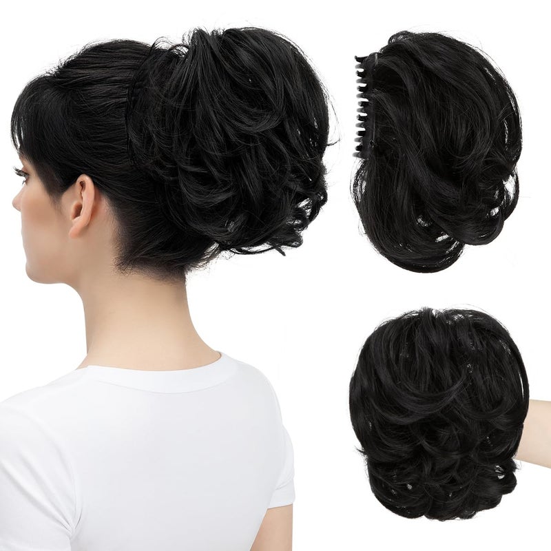 youngways Claw Clip Short Ponytail Messy Bun Hair Piece Bendable Hair Branch Extensions Fluffy Wavy Curly Synthetic Versatile Black Hairpieces