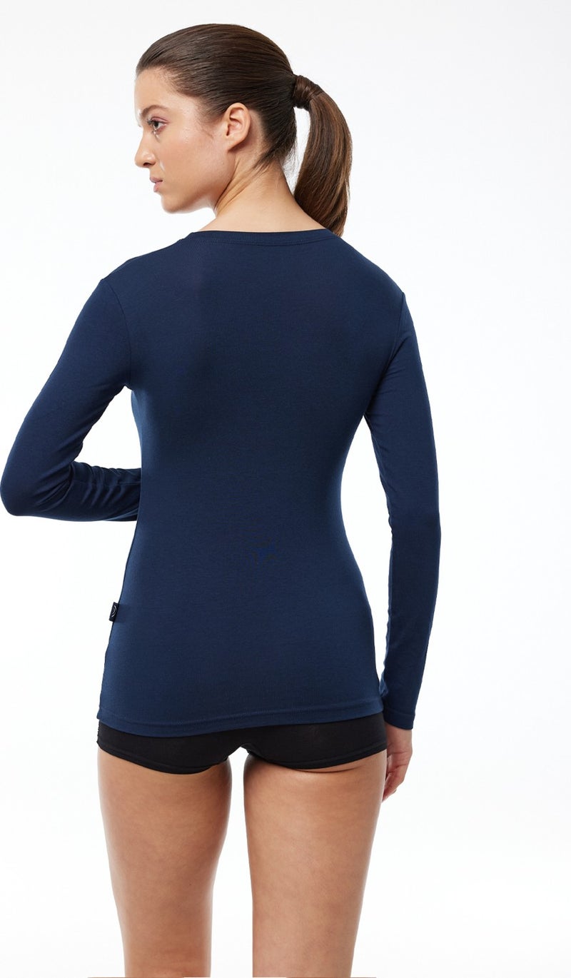 Malabadi Women's Navy Blue Round Neck Long Sleeve Modal Bodysuit 182  - Image 3