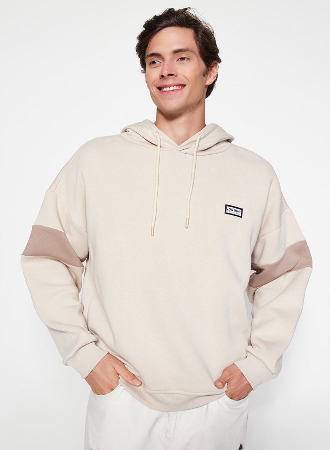 trendyol Beige Oversize/Wide Cut Label Detailed Color Block Fleece/Warm Sweatshirt - Image 1