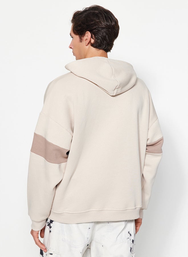 trendyol Beige Oversize/Wide Cut Label Detailed Color Block Fleece/Warm Sweatshirt - Image 5