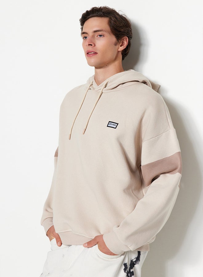 trendyol Beige Oversize/Wide Cut Label Detailed Color Block Fleece/Warm Sweatshirt - Image 2