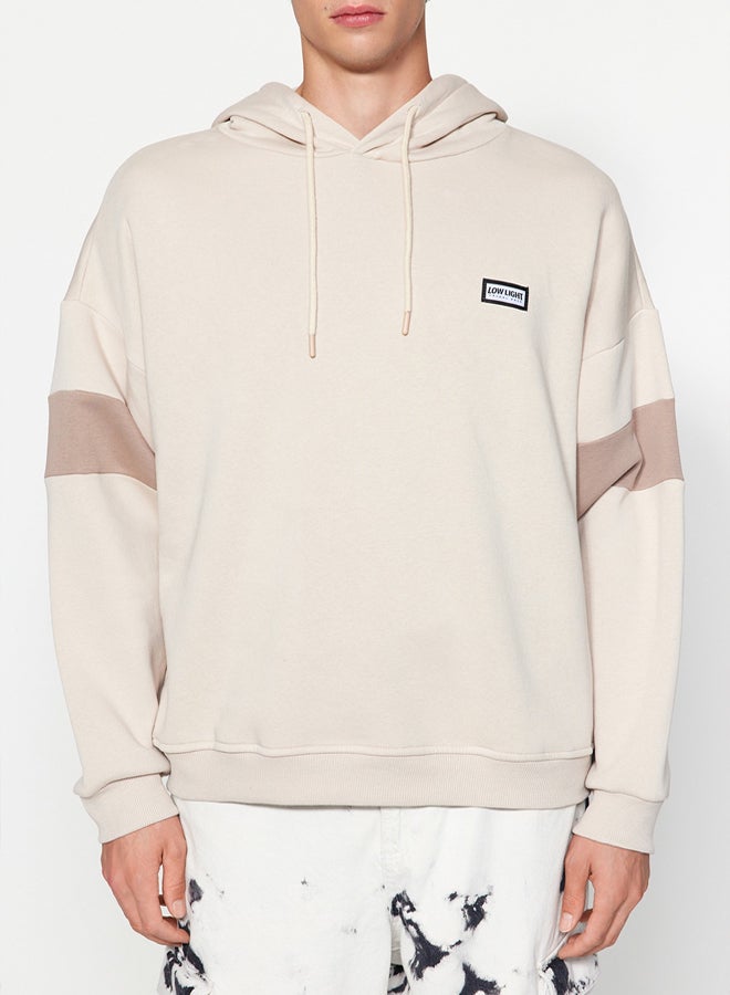 trendyol Beige Oversize/Wide Cut Label Detailed Color Block Fleece/Warm Sweatshirt - Image 3