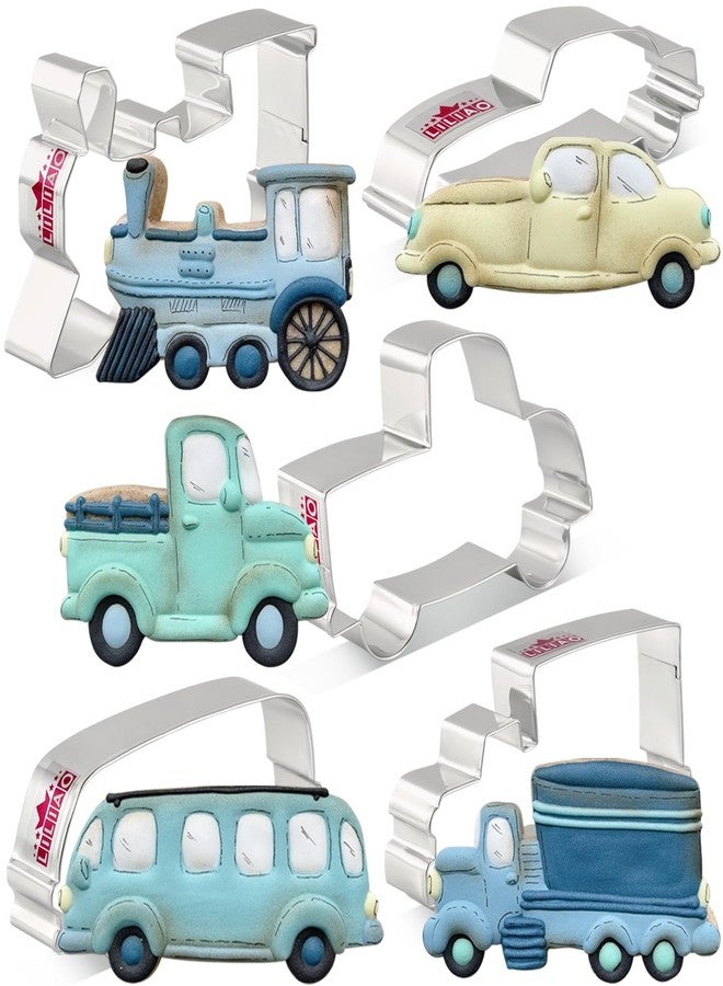 LILIAO Transportation Cookie Cutter Set - 5 Piece - Train, Truck, Pick-up Truck, Beat-up Car and Bus Fondant Cutters - Stainless Steel - Image 1