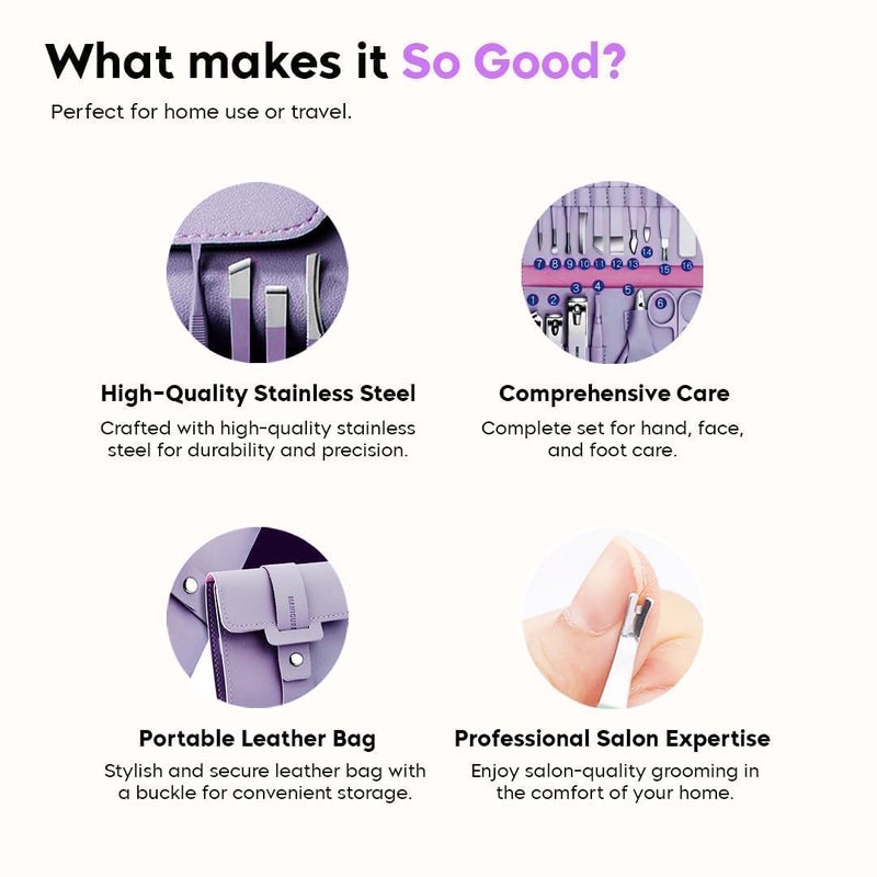 KAVRUL Stainless Steel Professional Manicure Set Nail Cutter For Women Nail Scissors Luxury Grooming Kit Manicure Pedicure Kit For Women Nail Acne Remover needle MultiColor 16 IN 1 Manicure Set - Image 5