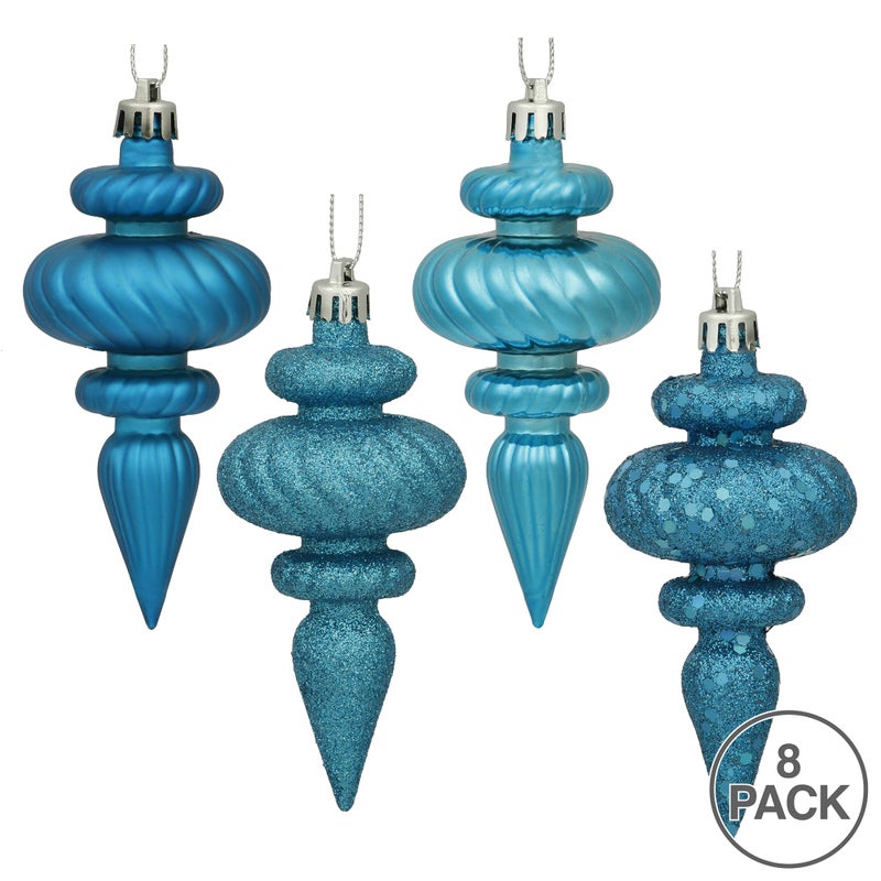 Vickerman 4"" 4-Finish Finial Ornament  Shatterproof Plastic Christmas Tree Decoration  8 Pack  Turquoise Shiny  Matte  Glitter and Sequin Finishes - Image 2